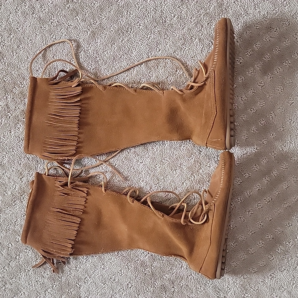 Minnetonka Lace up suede boots, fridge top detail, cognac color, size 8